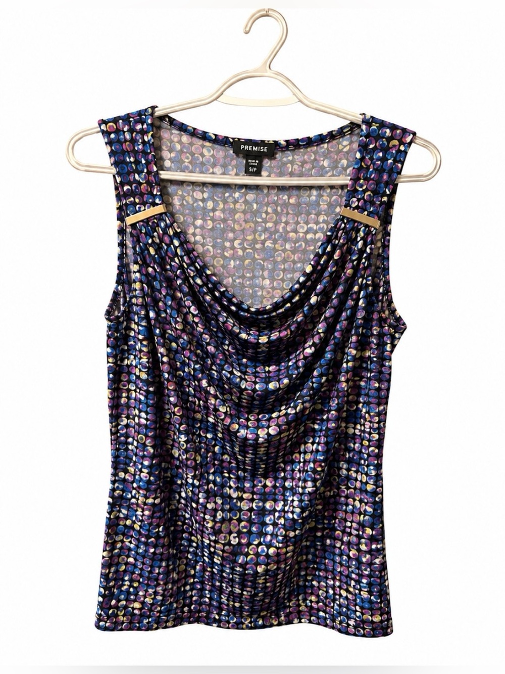 PREMISE Cowl Neck Sleeveless Top Hardware Accent Colorful Polka Dot - Size L